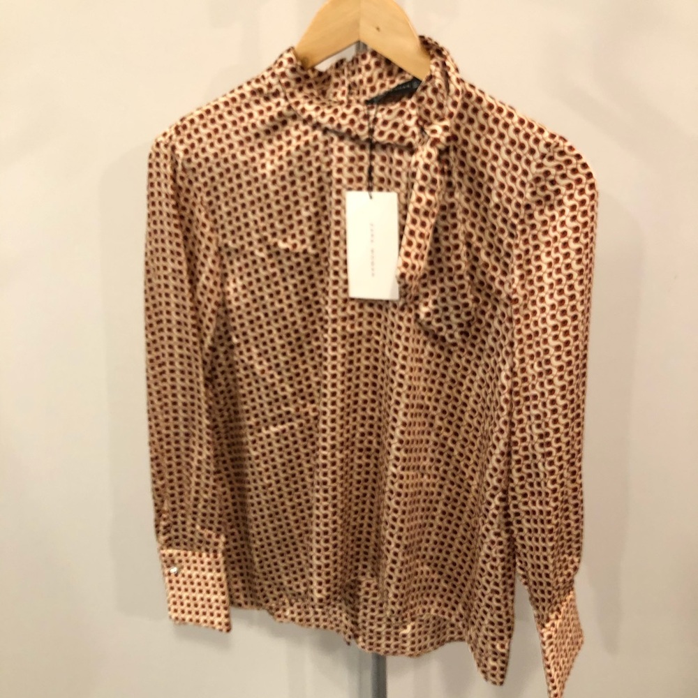 NEW Zara Woman Patterned Tie Neck Blouse Small